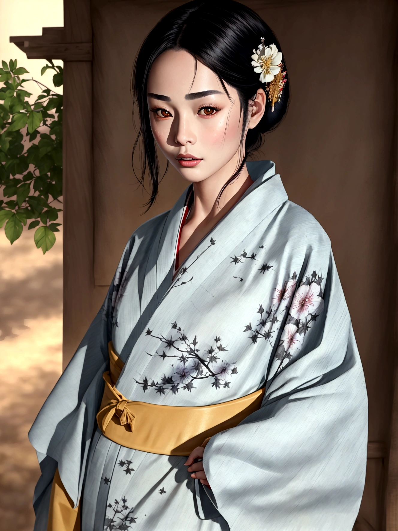 ((Top Quality, 8K, Masterpiece: 1.3)), Sharp Focus: 1.2, (Super Beautiful Face: 1.0), (Glossy Skin: 1.0), Realistic Photos, Black Hair, Realistic Pupils, Movie Lighting, Highly Detailed Eyes and Face, Movie Lighting,  (Cowboy Shot: 1.0),  (kimono, hakama, obi: 1.15),　(Korean Cute Actress), in nature, classic kimono,