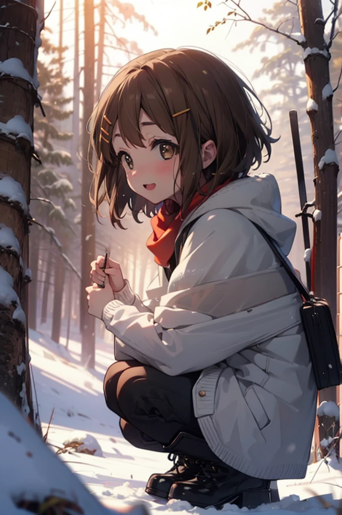 yuihirasawa, Yui Hirasawa, short hair, Brown Hair, hair ornaments, (Brown eyes:1.5), Hair Clip、smile,smile,blush,White Breath,
Open your mouth,snow,Ground bonfire,, Outdoor, boots, snowing, From the side, wood, suitcase, Cape, Blurred, , forest, White handbag, nature, Squat, Mouth closed, Cape, winter, Written boundary depth, Black shoes, red Cape break looking at viewer, Upper Body, whole body, break Outdoor, forest, nature, break (masterpiece:1.2), Highest quality, High resolution, unity 8k wallpaper, (shape:0.8), (Beautiful and beautiful eyes:1.6), Highly detailed face, Perfect lighting, Highly detailed CG, (Perfect hands, Perfect Anatomy),