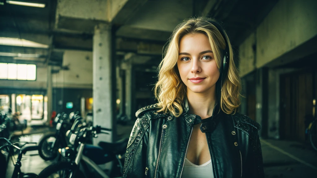 Beautiful blonde with big breasts in a biker jacket (Sitting on a big bike in a dark abandoned building),Wearing headphones,Very detailed, 21 years old, Innocent face, Naturally Wavy Hair, blue eyes, High resolution, masterpiece, Highest quality, Intricate details, Very detailed, Clear focus, Delicate skin, practical skin texture, texture, Delicate eyes, Professional, 4K, Cute Smile, Shot with Canon, 85mm, Shallow and deep, Kodak Vision Color, Exactly, Very detailed, photograph_\(Extremist\), photographpractical, practical, Post-processing, Maximum details, Roughness, Real Life, Extremist practical, Photorealism, photographgraphy, 8K Ultra HD, photographgraphy