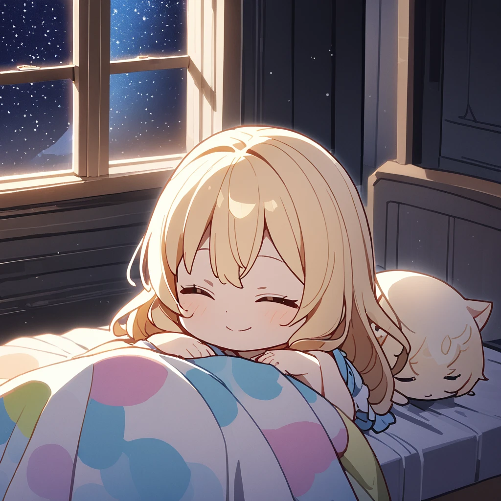 masterpiece、Highest quality、Depth of subject、2D illustration、1 beautiful girl、独奏, (((chibi style)))、((night)), ((window)), ((starry sky)), Long, beautiful hair、shiny blonde hair、cute、Beautifully detailed eyes、((closed eyes))、((blanket))、a cute sleeping kitten on blanket, ((colorful))、Camisole dress、((happy smile))、sleeping on bed, ((close up shot))、((Asleep in bed)), ((in the room))、((There's a lot of pink around))、Thighs、((vivid color))、sparkle、((Lens flare))、