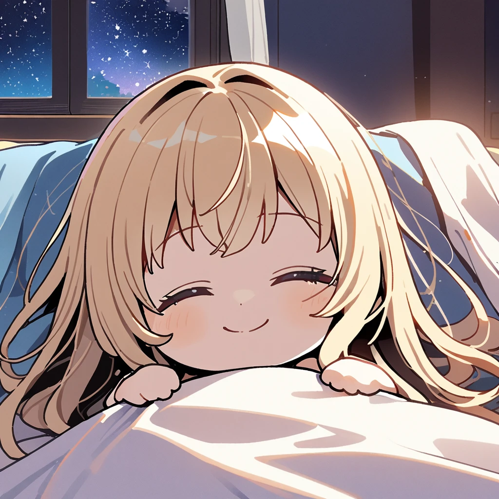 masterpiece、Highest quality、Depth of subject、2D illustration、1 beautiful girl、独奏, (((chibi style)))、((night)), ((window)), ((starry sky)), Long, beautiful hair、shiny blonde hair、cute、Beautifully detailed eyes、((closed eyes))、((blanket))、a cute sleeping kitten on blanket, ((colorful))、Camisole dress、((happy smile))、sleeping on bed, ((close up shot))、((Asleep in bed)), ((in the room))、((There's a lot of pink around))、Thighs、((vivid color))、sparkle、((Lens flare))、