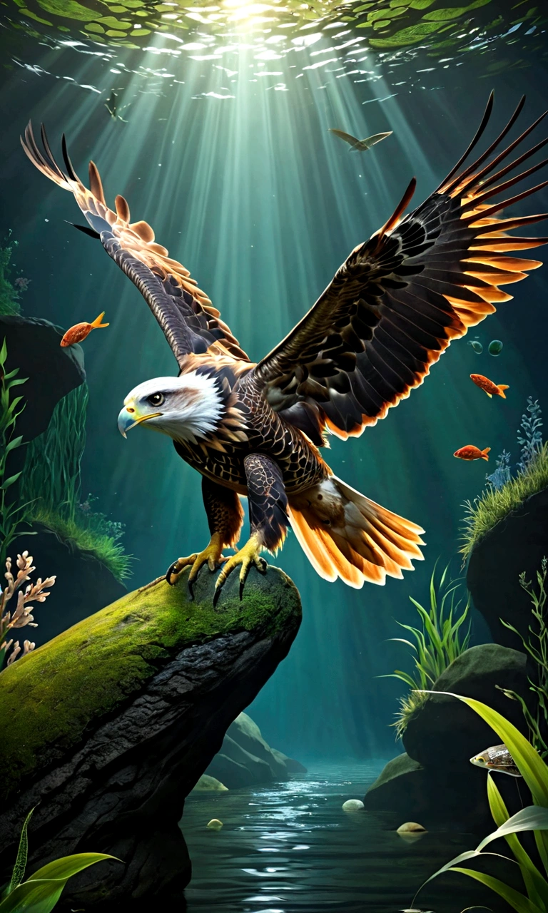 There is a creature at the bottom of the river，The head of the eagle，The body of a turtle，Snake&#39;s Tail，Full body view from the side，Mysterious Creatures, shrike, (best quality，4K，8K，High level，masterpiece：1.2），Ultra Detailed，（lifelike，Photo real，Photo real：1.37），Highly detailed animals，Complex patterns，Realistic lighting，Fantasy Creatures