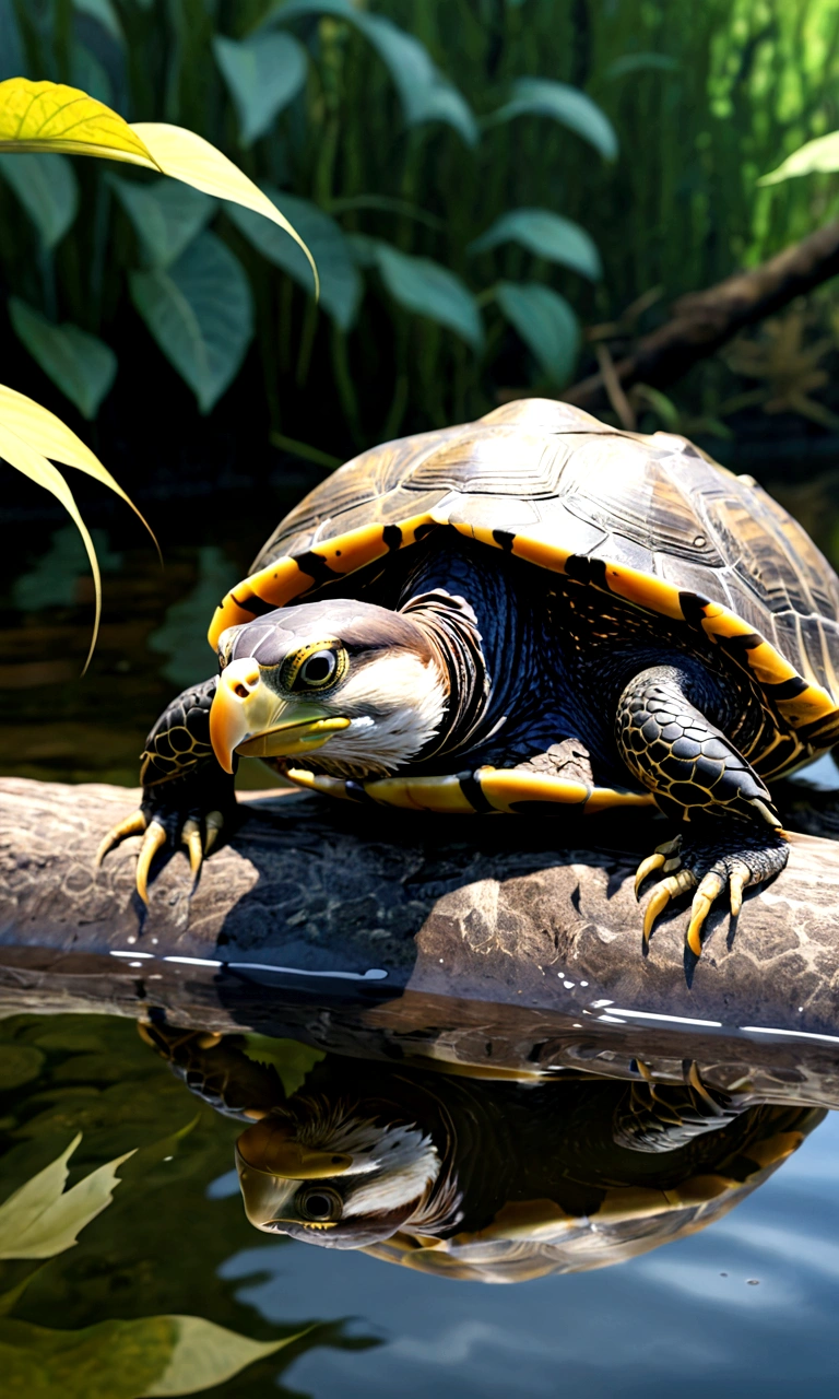 There is a creature at the bottom of the river，The head of the eagle，The body of a turtle，Snake&#39;s Tail，Full body view from the side，Mysterious Creatures, shrike, (best quality，4K，8K，High level，masterpiece：1.2），Ultra Detailed，（lifelike，Photo real，Photo real：1.37），Highly detailed animals，Complex patterns，Realistic lighting，Fantasy Creatures