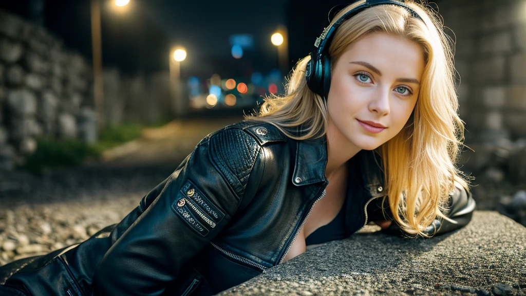 Beautiful blonde with big breasts in a biker jacket (Resting in the dark ruins),Wearing headphones,Very detailed, 21 years old, Innocent face, Naturally Wavy Hair, blue eyes, High resolution, masterpiece, Highest quality, Intricate details, Very detailed, Clear focus, Delicate skin, practical skin texture, texture, Delicate eyes, Professional, 4K, Cute Smile, Shot with Canon, 85mm, Shallow and deep, Kodak Vision Color, Exactly, Very detailed, photograph_\(Extremist\), photographpractical, practical, Post-processing, Maximum details, Roughness, Real Life, Extremist practical, Photorealism, photographgraphy, 8K Ultra HD, photographgraphy