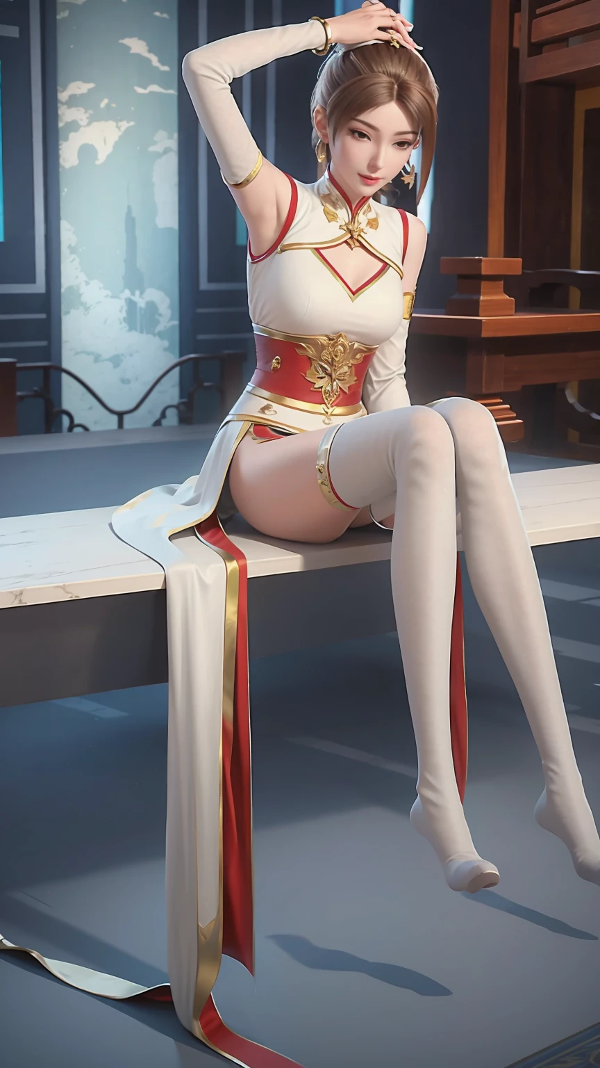 ((Shot in the knee)), ((From below)),A young girl, Wearing a skirt，At the bar, sit on the chair, Cross your legs, Posing elegantly, Detailed scenario, Messy long hair, Brown hair, Light makeup, Blush Blush, Beautiful slender legs, (Very high color saturation), details, Ultra Detailed, (masterpiece, Best quality), (Extremely exquisite and beautiful work), Delicate earrings, Exquisite necklace, Simple blur background, Extremely detailed description, Super Fine, Delicate face, slim body, Thin waist, (Grin), (Anatomically correct)，whole body，barefoot