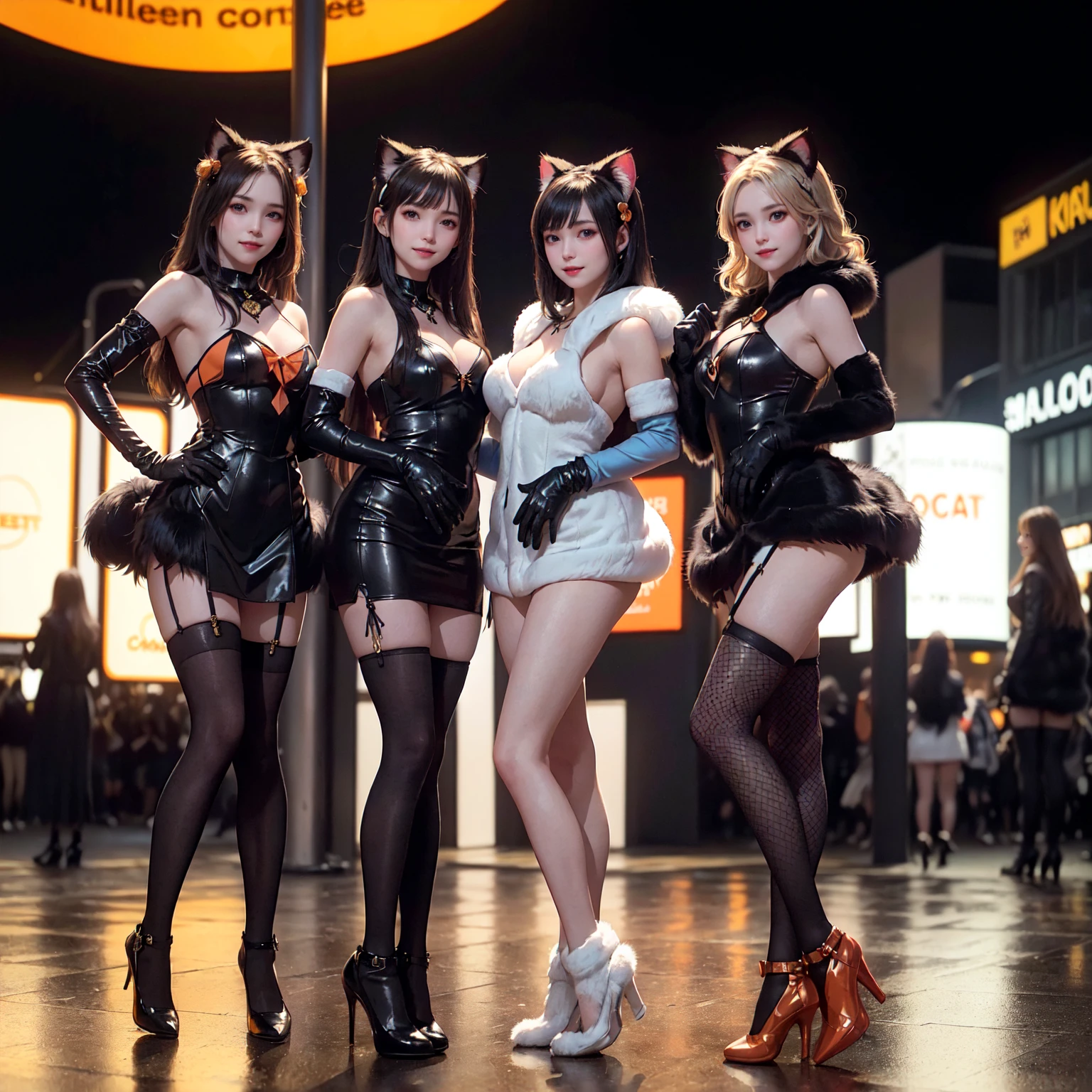 masterpiece, top-quality, top-quality, Beautifully Aesthetic:1.2, ((3girls)), Halloween night, 
((Middle girl is Wearing a high-quality Black Cat costume of fur, gloves of Cat, fur miniskirt):1.2), high detailed, 
((Left girl is Wearing a high-quality Red Cat costume of fur, gloves of Cat, fur miniskirt):1.2), high detailed, 
((Right girl is Wearing a high-quality Blue Cat costume of fur, gloves of Cat, fur miniskirt):1.2), high detailed, 
(Three girls are standing side by side in a neat line:1.3), large breasts, firm breast, nicely shaped breasts, slender figure, 
((Dark Brown Hair)), wavy hair, (medium long hair:1.2), 
((At the middle of very crowded Shibuya Scramble Crossing decorated with Halloween decorations at late night:1.2)), ((Surrounded by many people dancing for Three girls)), (Full body shot:1.1), (From side:1.3), (Looking at viewer),