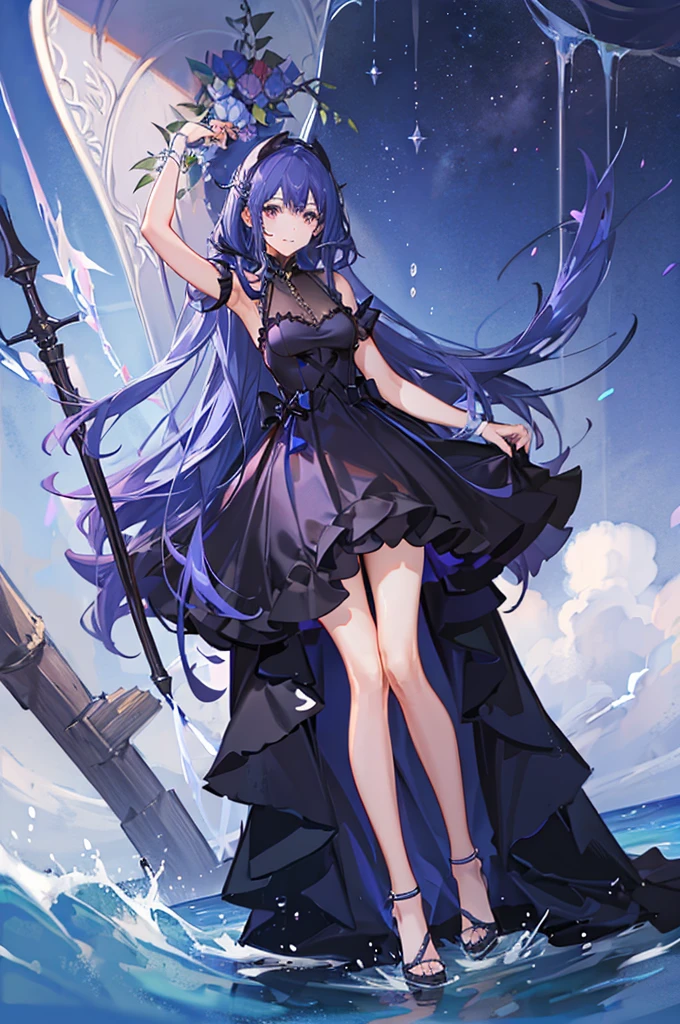 8K High Resolution、beautiful girl、Purple color、Long Hair、Bright blue hair、The bottom of the sea、dark、deep、Black Dress、Less exposure、In the water、depth、dark空間、Deep Sea Girl