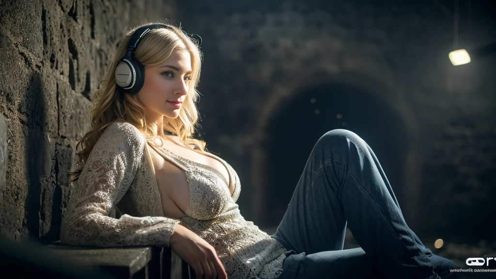 Beautiful blonde with big breasts in a ripped suit (Sitting in the dark ruins),Wearing headphones,Very detailed, 21 years old, Innocent face, Naturally Wavy Hair, blue eyes, High resolution, masterpiece, Highest quality, Intricate details, Very detailed, Clear focus, Delicate skin, practical skin texture, texture, Delicate eyes, Professional, 4K, Cute Smile, Shot with Canon, 85mm, Shallow and deep,  Kodak Vision Color, Exactly, Very detailed, photograph_\(Extremist\), photographpractical, practical, Post-processing, Maximum details, Roughness, Real Life, Extremist practical, Photorealism, photographgraphy, 8K Ultra HD, photographgraphy