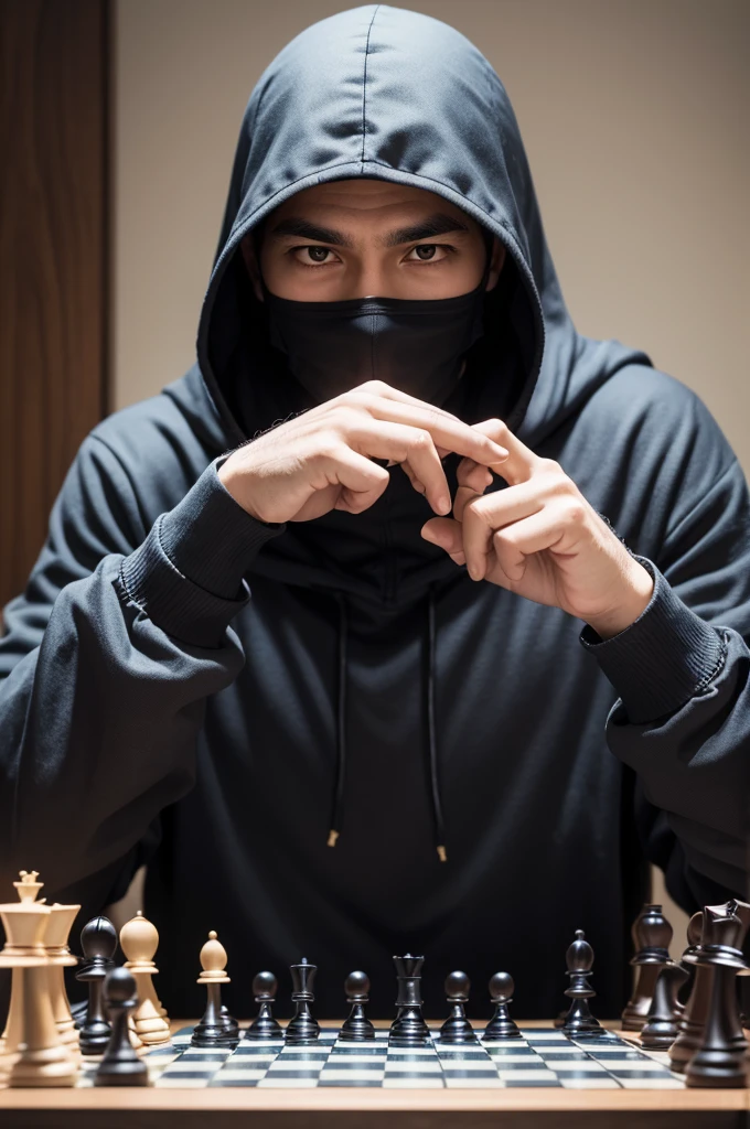 Man playing chess , fingers crossed on the table, face completely covered by a hood without showing the face.