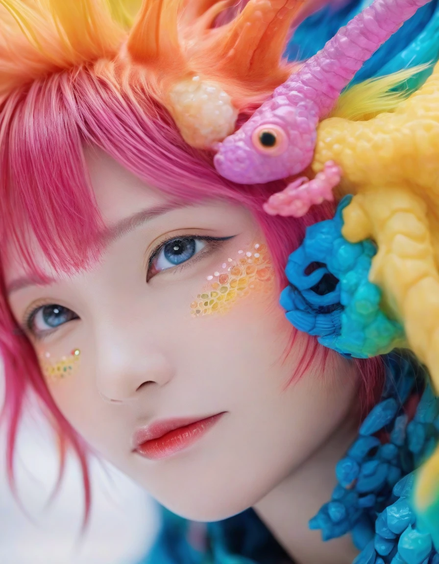 huge, Macro-human origins, a monster creature,Not a human face,Look directly into the camera. This concept image has a bold outline,Rich in details, Blending reality and fractal elements. This creature is colorful., Focus on the face and eyes, Create high-quality masterpieces. 背景Rich in details,But the depth of field is shallow, Enhance the prominence of creatures in the scene.