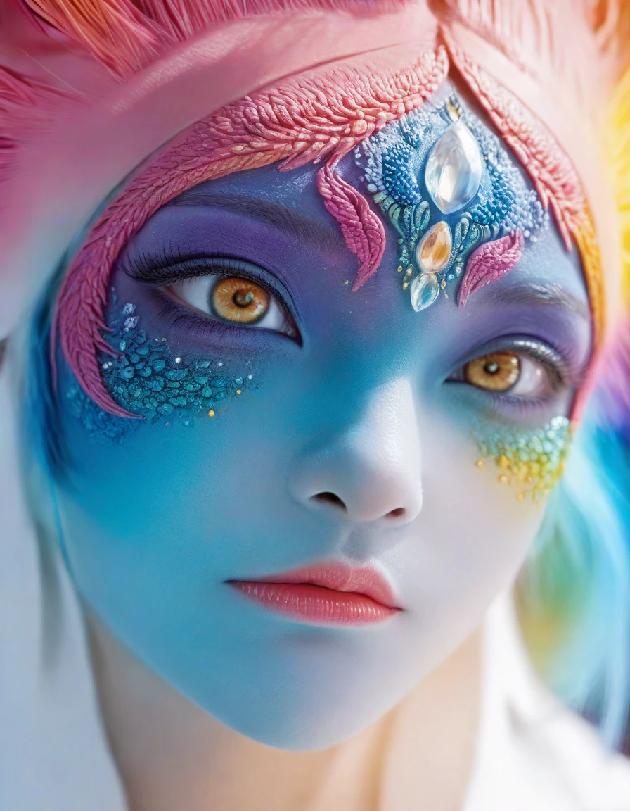 huge, Macro-human origins, a monster creature,Not a human face,Look directly into the camera. This concept image has a bold outline,Rich in details, Blending reality and fractal elements. This creature is colorful., Focus on the face and eyes, Create high-quality masterpieces. 背景Rich in details,But the depth of field is shallow, Enhance the prominence of creatures in the scene.