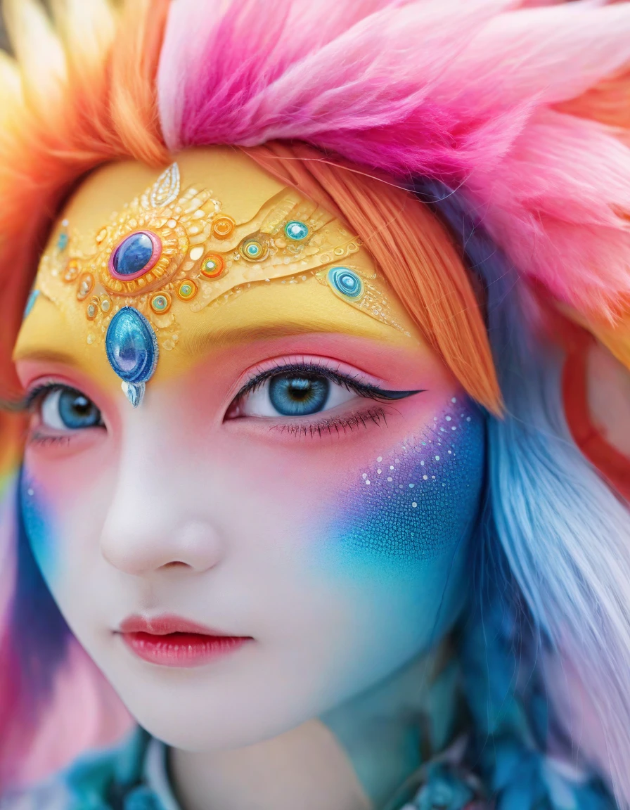 huge, Macro-human origins, a monster creature,Not a human face,Look directly into the camera. This concept image has a bold outline,Rich in details, Blending reality and fractal elements. This creature is colorful., Focus on the face and eyes, Create high-quality masterpieces. 背景Rich in details,But the depth of field is shallow, Enhance the prominence of creatures in the scene.