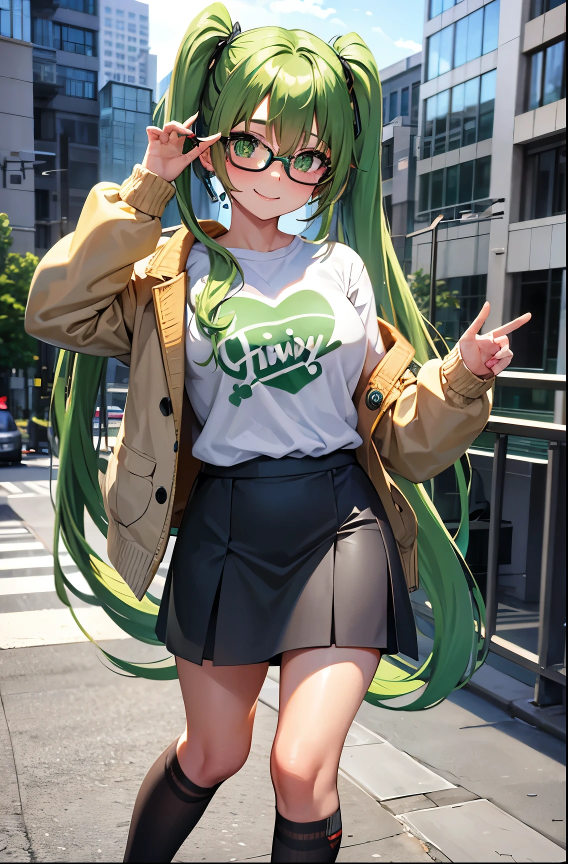 Girl, twintail hair, green hair, green eyes, glasses, cute girl, smile, grey sweater, mini skirt, long stocking, Vans shoes, city