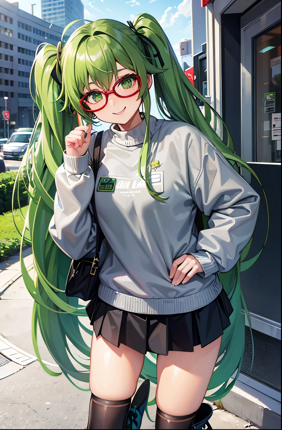 Girl, twintail hair, green hair, green eyes, glasses, cute girl, smile, grey sweater, mini skirt, long stocking, Vans shoes, city 