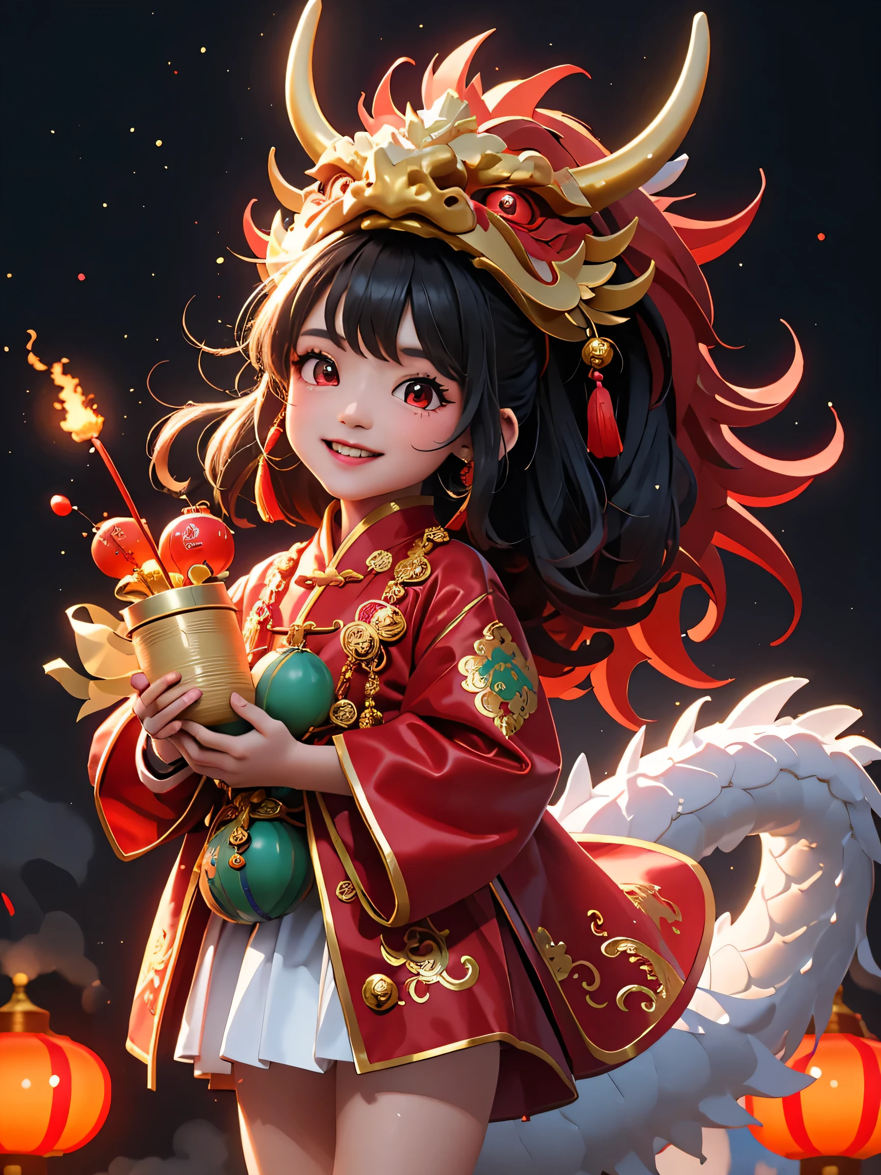 masterpiece,(best quality),Very detailed,Very detailed, (1 girl), Chinese traditional clothing, red clothes, dragon hat, dragon, Vivid appearance, eyes full of joy, Bright fireworks, from Kane, Red, Smiley Face, Red Lantern, warm light, Festive mood, Bustling streets, Expressions of joy and excitement, The unique charm of the Spring Festival Gala, HD resolution, artwork.