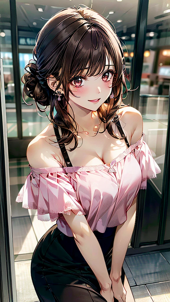 (masterpiece:1.3, Highest quality, Ultra-high resolution:1.2, Super detailed、8K), (Realistic, photoRealistic:1.4), Beautiful illustrations, Perfect lighting, colorful, Depth of written boundary, Beautiful detailed hair, Beautifully detailed face, Beautiful fine details, Droopy eyes、Beautiful clavicle, Beautiful body, 美しいLarge Breasts, Beautiful thighs, Beautiful feet, Beautiful fingers, View Viewer、Front view:0.6, Beauty1人, Japanese, Beauty、30 years old, Perfect Face, (Perfect Anatomy, Anatomically correct), Cute and symmetrical face, Baby Face, , Shiny skin,(Pink off-shoulder blouse:1.4), ((skirt、デニムskirt:1.5)) 、(pumps:1.3)、(Dark brown hair, Updo Hair:1.4), braided bangs、Dark brown eyes, (Large Breasts, Slim body), necklace, Small earrings:1.1, (Beautiful views), (noon), Shopping mall、Are standing、 A soft smile、(Smile, Lips parted),