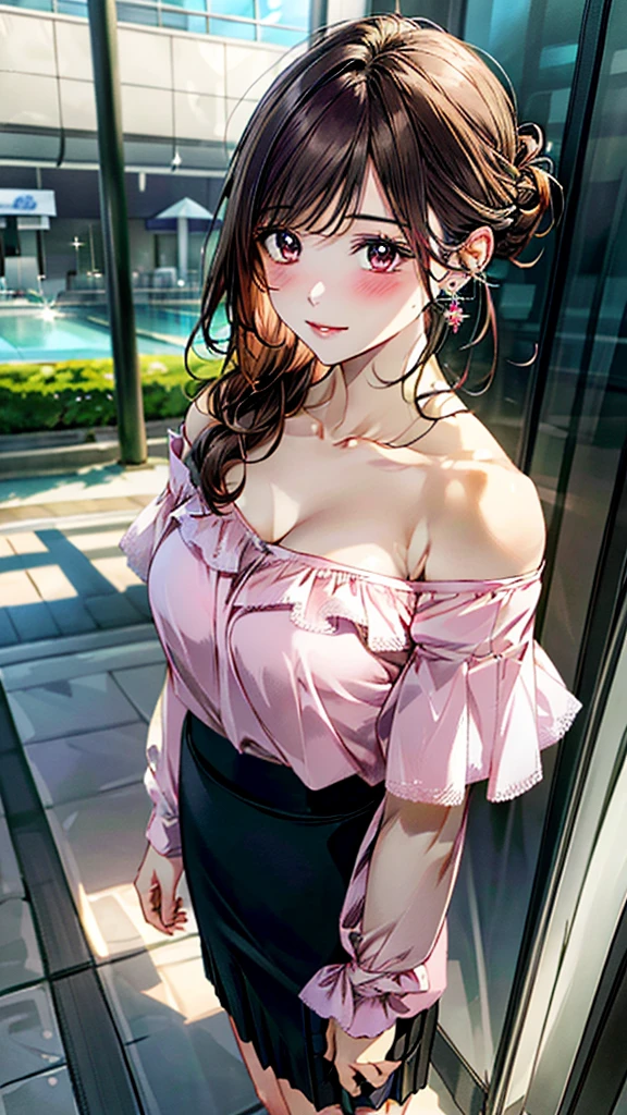 (masterpiece:1.3, Highest quality, Ultra-high resolution:1.2, Super detailed、8K), (Realistic, photoRealistic:1.4), Beautiful illustrations, Perfect lighting, colorful, Depth of written boundary, Beautiful detailed hair, Beautifully detailed face, Beautiful fine details, Droopy eyes、Beautiful clavicle, Beautiful body, 美しいLarge , Beautiful thighs, Beautiful feet, Beautiful fingers, View Viewer、Front view:0.6, Beauty1人, Japanese, Beauty、30 years old, Perfect Face, (Perfect Anatomy, Anatomically correct), Cute and symmetrical face, Baby Face, , Shiny skin,(Pink off-shoulder blouse:1.4), ((skirt、デニムskirt:1.5)) 、(pumps:1.3)、(Dark brown hair, Updo Hair:1.4), braided bangs、Dark brown eyes, (Large Breastsbody), necklace, Small earrings:1.1, (Beautiful views), (noon), Shopping mall、Are standing、 A soft smile、(Smile, Lips parted),