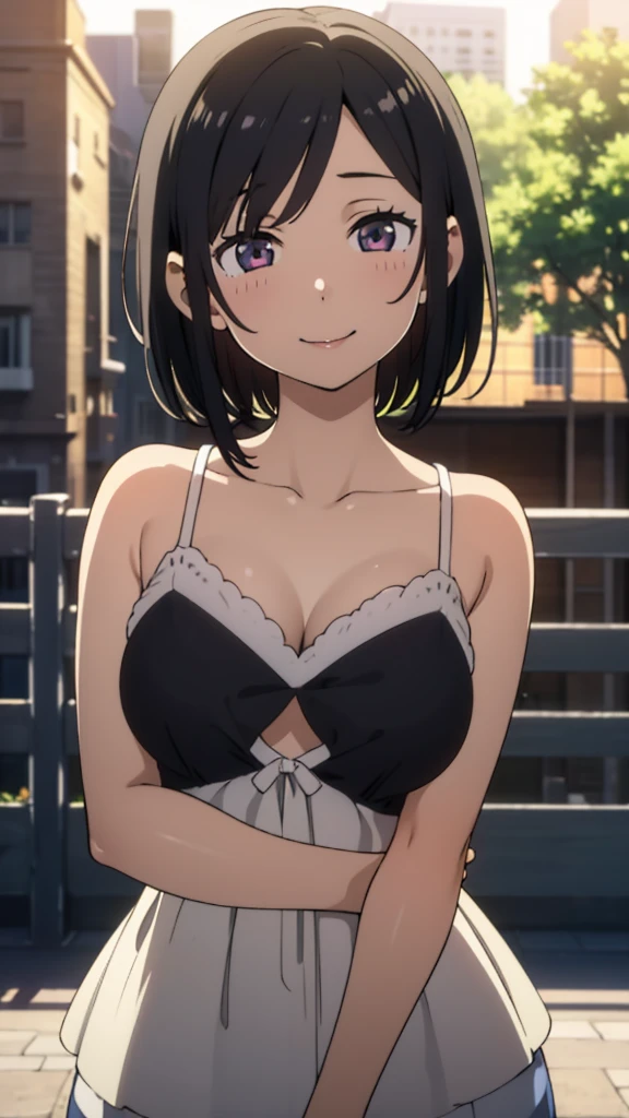 ((happy expression)), ((dropping eyes)),park background, middle breast, detailed face, highres, 1girl, 28yo, smile, good anatomy, soft focus, cinematic lighting, depth of field, long shot