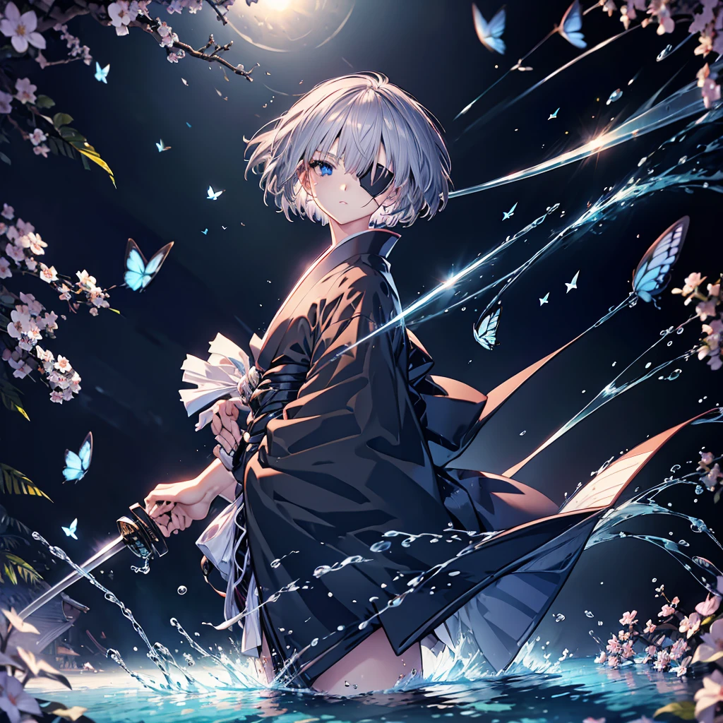 (((1 person Gray Hair))) ((((Eye patch)))) (((High resolution short hair Black kimono))) ((Shoulder Rin々Funny face Hold the sword)) ((Black Band samurai Lonely despair blue eyes Pull camera)) ((Blue Butterfly night Japanese style old Cherry Blossom Garden water surface Catch the wind Scattering cherry blossom petals)) ((Japanese sword Two-Way Slashing Bathed in light)) ((Sword Reflection Pink light)) 月night moonlight star Draw your sword Shining Background Shining Edge