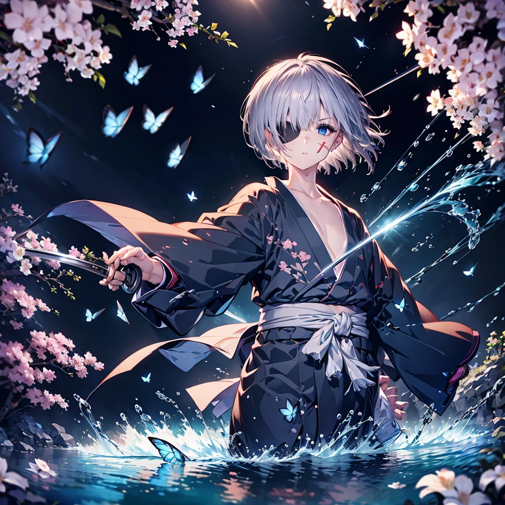 (((1 person Gray Hair))) ((((Eye patch)))) (((High resolution short hair Black kimono))) ((Shoulder Rin々Funny face Hold the sword)) ((Black Band samurai Lonely despair blue eyes Pull camera)) ((Blue Butterfly night Japanese style old Cherry Blossom Garden water surface Catch the wind Scattering cherry blossom petals)) ((Japanese sword Two-Way Slashing Bathed in light)) ((Sword Reflection Pink light)) 月night moonlight star Draw your sword Shining Background Shining Edge