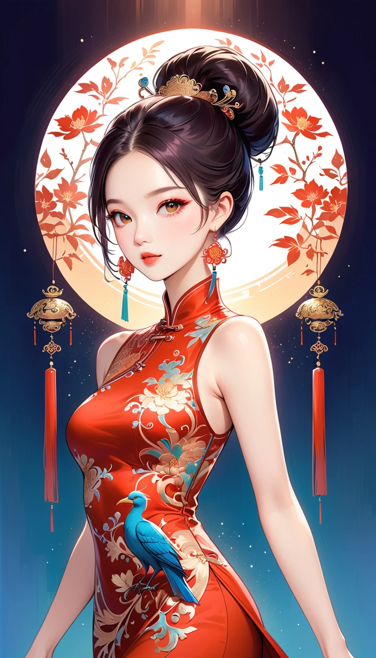 Chinese cheongsam sexy,illustration,High-end fashion,Beautiful and delicate eyes,Beautiful and delicate lips,Long eyelashes,Exquisite makeup,Vibrant colors,posture,Attractive background,Stylized Lighting,editing style,Chinese cultural elements,Exquisite embroidery,Detailed pattern,Modern transformation,Feminine charm,complicated,Futuristic,Chic hairstyle,Beautiful accessories,Tempting,Wearing stylish high heels,Luxurious fabrics,Beautiful movements,Confident expression,Ethereal atmosphere,Colorful composition,Impeccable attention to detail,Modern elegance,Expressive eyes,Dramatic Lighting,Seamless Integration,Artistic talent,Rich texture,Perfect fashion sense,Colored lights,Sentimental atmosphere,A bold fashion statement,Stylish composition