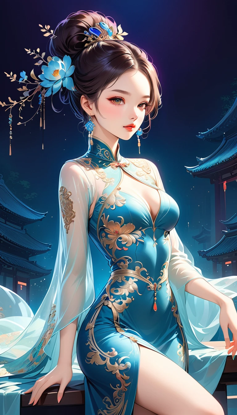 Chinese cheongsam sexy,illustration,High-end fashion,Beautiful and delicate eyes,Beautiful and delicate lips,Long eyelashes,Exquisite makeup,Vibrant colors,posture,Attractive background,Stylized Lighting,editing style,Chinese cultural elements,Exquisite embroidery,Detailed pattern,Modern transformation,Feminine charm,complicated,Futuristic,Chic hairstyle,Beautiful accessories,Tempting,Wearing stylish high heels,Luxurious fabrics,Beautiful movements,Confident expression,Ethereal atmosphere,Colorful composition,Impeccable attention to detail,Modern elegance,Expressive eyes,Dramatic Lighting,Seamless Integration,Artistic talent,Rich texture,Perfect fashion sense,Colored lights,Sentimental atmosphere,A bold fashion statement,Stylish composition