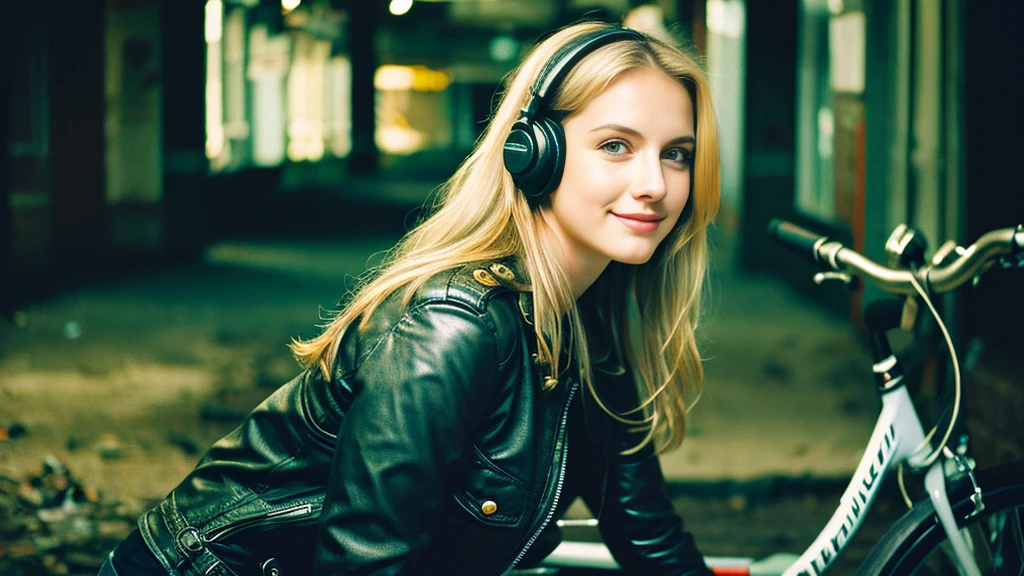 Beautiful blonde with big breasts in a biker jacket (Sitting on a big bike in a dark abandoned building),Wearing headphones,Very detailed, 21 years old, Innocent face, Naturally Wavy Hair, blue eyes, High resolution, masterpiece, Highest quality, Intricate details, Very detailed, Clear focus, Delicate skin, practical skin texture, texture, Delicate eyes, Professional, 4K, Cute Smile, Shot with Canon, 85mm, Shallow and deep, Kodak Vision Color, Exactly, Very detailed, photograph_\(Extremist\), photographpractical, practical, Post-processing, Maximum details, Roughness, Real Life, Extremist practical, Photorealism, photographgraphy, 8K Ultra HD, photographgraphy
