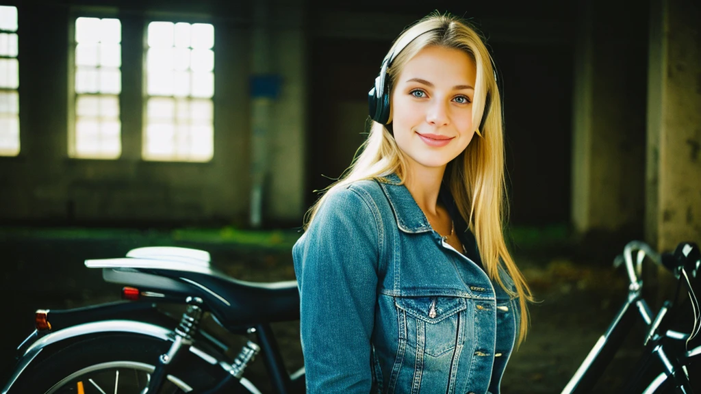Beautiful blonde with big breasts in a biker jacket (Sitting on a big bike in a dark abandoned building),Wearing headphones,Very detailed, 21 years old, Innocent face, Naturally Wavy Hair, blue eyes, High resolution, masterpiece, Highest quality, Intricate details, Very detailed, Clear focus, Delicate skin, practical skin texture, texture, Delicate eyes, Professional, 4K, Cute Smile, Shot with Canon, 85mm, Shallow and deep,  Kodak Vision Color, Exactly, Very detailed, photograph_\(Extremist\), photographpractical, practical, Post-processing, Maximum details, Roughness, Real Life, Extremist practical, Photorealism, photographgraphy, 8K Ultra HD, photographgraphy