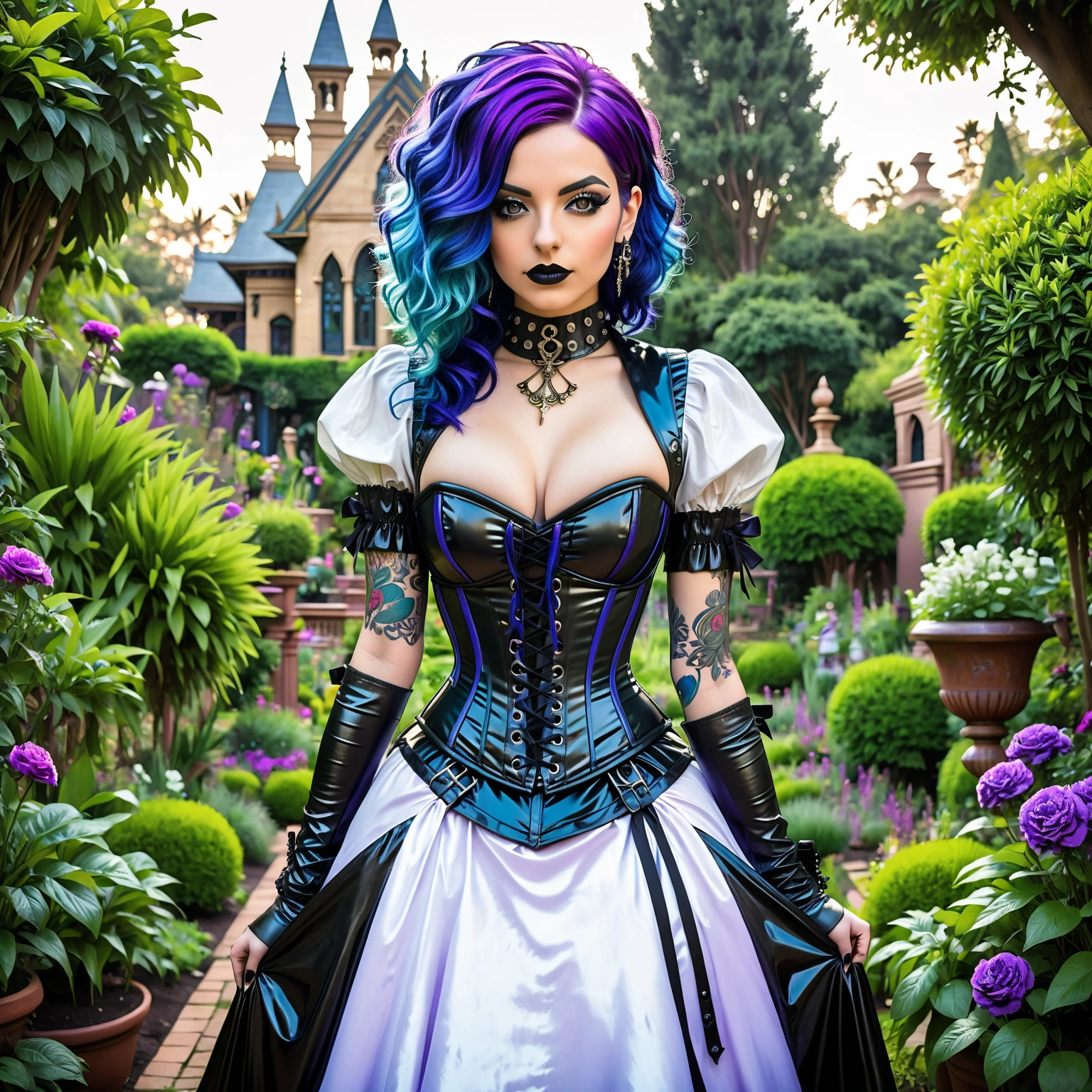 A 29-year-old Egyptian woman, a punk-rock with violet and blue hair, Martha Elvera Dickson, in a latex Victorian gothic dress and corset, standing in a lush beautiful garden.