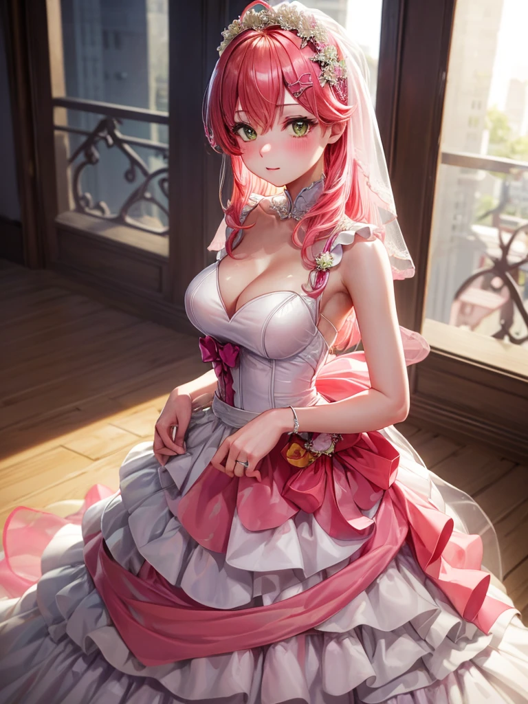 Ultra-high resolution,masterpiece, Attention to detail, Highest quality, 4K,(Pink Hair、Side Tail),(well endowed,Captivating body、Ultra-detailed skin、Beautiful eyes、Detailed Background),1girl、(Wedding dress、Embarrassing:1.3),Wedding hall