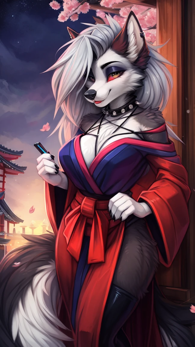 by kenket, Ross Tran, ruan jia, zaush, foxovh, by Zackary911, by hyattlen, by teranen, by fumiko, by Pixelsketcher, by fluff-kevlar, bye r-mk, by Dimwitdog, Furry, Anthro, (oiran), ((prostitute)), (luxurious off-shoulder kimono), (loona), helluva boss, hellhound, kemono, (huge breasts), long (elegant) white hair, hourglass body, revealing outfit, seductive, looking at viewer, traditional japanese, magic fantasy, (mature), milf, tall, curvy, outdoors, cherry blossoms, nighttime, cleavage, tugging on own clothes, (red sclera), light blue iris, geisha hair ornament,