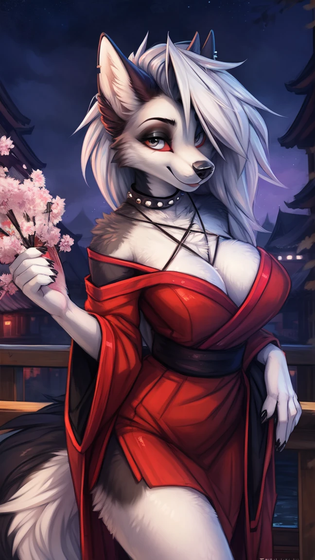 by kenket, Ross Tran, ruan jia, zaush, foxovh, by Zackary911, by hyattlen, by teranen, by fumiko, by Pixelsketcher, by fluff-kevlar, bye r-mk, by Dimwitdog, Furry, Anthro, (oiran), ((prostitute)), (luxurious off-shoulder kimono), (loona), helluva boss, hellhound, kemono, (huge breasts), long (elegant) white hair, hourglass body, revealing outfit, seductive, looking at viewer, traditional japanese, magic fantasy, (mature), milf, tall, curvy, outdoors, cherry blossoms, nighttime, cleavage, tugging on own clothes, (red sclera), light blue iris, geisha hair ornament,