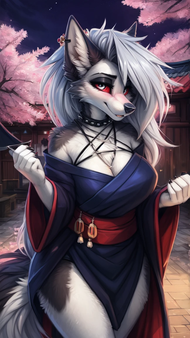 by kenket, Ross Tran, ruan jia, zaush, foxovh, by Zackary911, by hyattlen, by teranen, by fumiko, by Pixelsketcher, by fluff-kevlar, bye r-mk, by Dimwitdog, Furry, Anthro, (oiran), ((prostitute)), (luxurious off-shoulder kimono), (loona), helluva boss, hellhound, kemono, (huge breasts), long (elegant) white hair, hourglass body, revealing outfit, seductive, looking at viewer, traditional japanese, magic fantasy, (mature), milf, tall, curvy, outdoors, cherry blossoms, nighttime, cleavage, tugging on own clothes, (red sclera), light blue iris, geisha hair ornament,