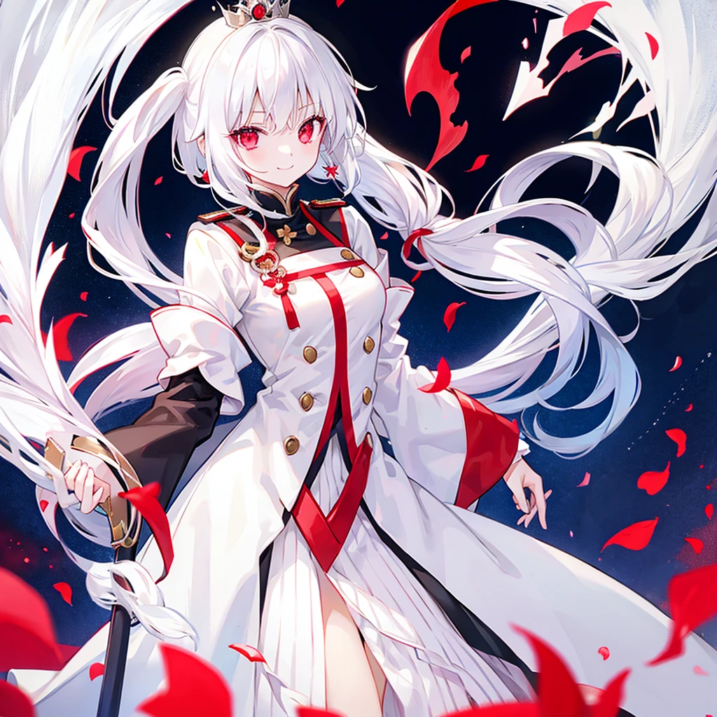 White Hair、Long Hair、Red eyes、Cool uniforms、Smiling a little、Princess