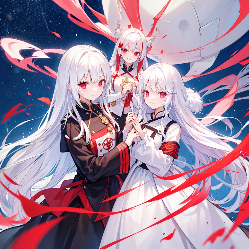 
White Hair、Long Hair、Red eyes、Cool uniforms、Smiling a little、Princess