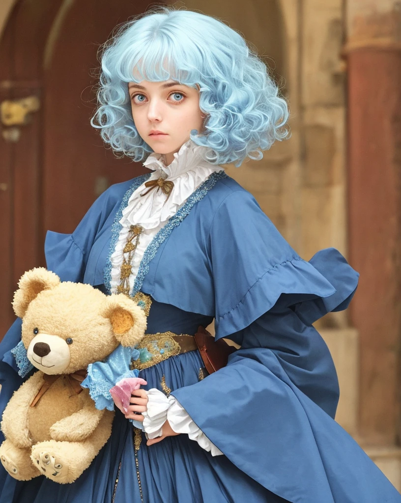 Girl with golden eyes, short curly pale blue hair, witches outfit, holding a teddy bear