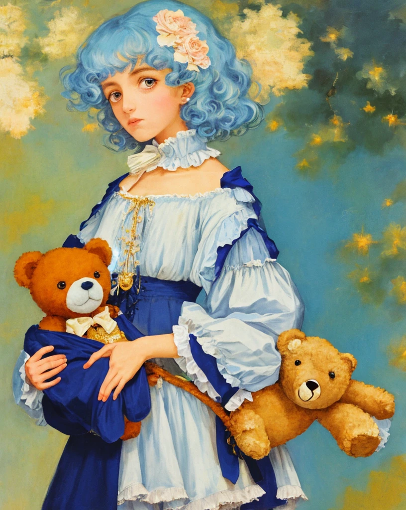 Girl with golden eyes, short curly pale blue hair, witches outfit, holding a teddy bear