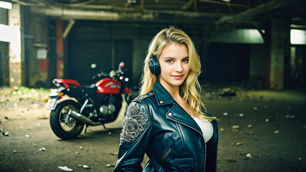 Beautiful blonde with big breasts in a biker jacket (Standing next to a large motorcycle in a dark abandoned building),Wearing headphones,Very detailed, 21 years old, Innocent face, Naturally Wavy Hair, blue eyes, High resolution, masterpiece, Highest quality, Intricate details, Very detailed, Clear focus, Delicate skin, practical skin texture, texture, Delicate eyes, Professional, 4K, Cute Smile, Shot with Canon, 85mm, Shallow and deep, Kodak Vision Color, Exactly, Very detailed, photograph_\(Extremist\), photographpractical, practical, Post-processing, Maximum details, Roughness, Real Life, Extremist practical, Photorealism, photographgraphy, 8K Ultra HD, photographgraphy