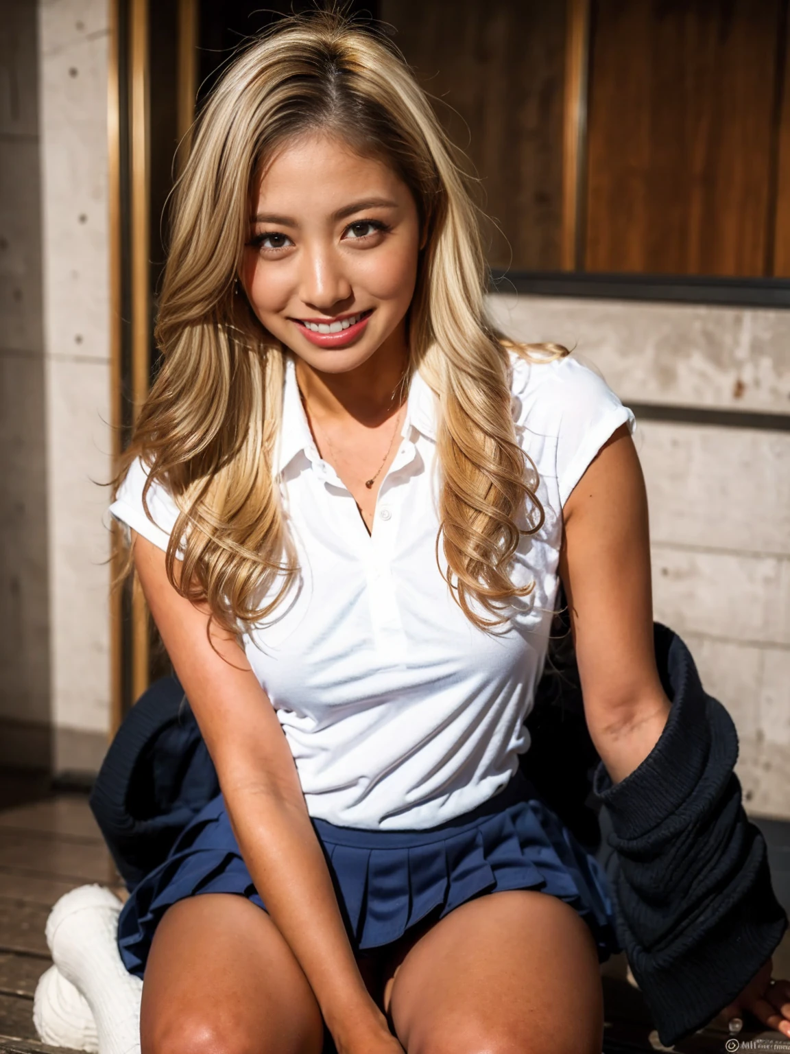 A laughing 18-year-old Japanese gal,( Laughing with your mouth open)(Smiling at the camera),(Anatomically correct),masterpiece, Highest quality, Photorealistic,Beautiful girls, cute,High resolution, Ultra-detailed,Cinema Lighting, Sunburned skin,alone,woman,(Wavy Hair,Blonde), (school uniform:1.2),Loose socks, Glamour, Large Breasts,(Sunburned skin)