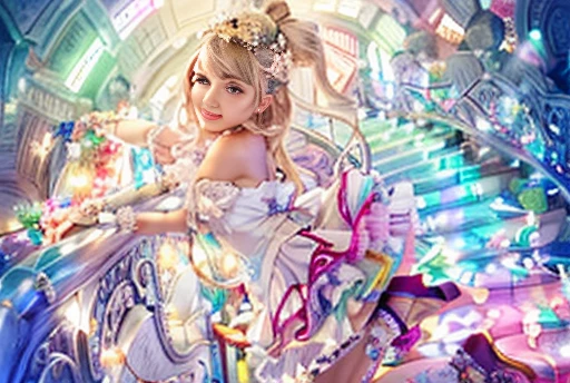 ((1 beautiful gorgeous girl)), in a beautiful coloured stairs, Raw photo,ultra realistic, uhd, realistic skin and materials, dreaming atmosphere, best quality,16k resolution,vivid colors, photo realistic