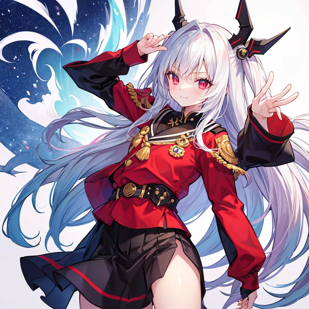 White Hair、Long Hair、Red eyes、Cool uniforms、Smiling a little、cute