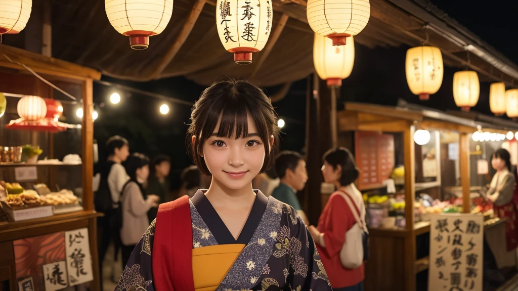 (1 Girl )、(Beautiful Japanese、18years old,round face、Refreshing、clear、seems kind、stylish、Pitiful、cute like an angel、cute、black eyes、,actress,Almond-shaped eyes,Translucent white skin、Beautiful skin), Japan human face , (((Beautiful breasts:0.4))),(((soft breasts))),(very cute),(Black hair),(short cut hair),(enchanting eyes),(highlight on eyes:1.2)、(8K、Live shooting、highest quality、masterpiece:1.2、optimal lighting)、((masterpiece)),(Photo taken by a professional photographer),(real、photo real:1.4),BREAK,{ (Beautiful Japanese patterns),(traditional yukata)},(cheeks are red:1.3), BREAK, BREAK,Face shot:1.3、 face close-up,Looking at viewer、,Smile,,Japanese countryside shrine,night:1.4、Japanese countryside,、lantern、Japanese Festivals、A stall selling Japanese food、dynamic angle,Busy with passersby