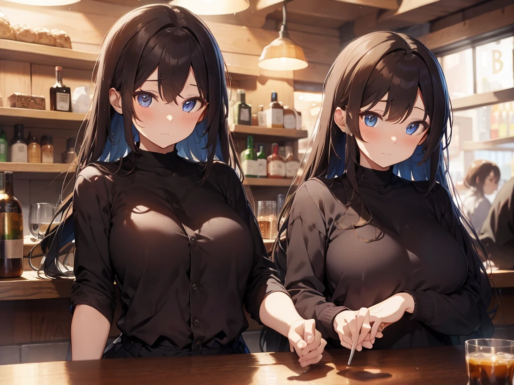 medium shot,1 middle-aged woman,long hair,brown hair,blue eyes,Dressed in a black suit,standing behind the bar,Bar owner,Beautiful lighting.,Put your hands on the counter.,detailed face,Detailed background