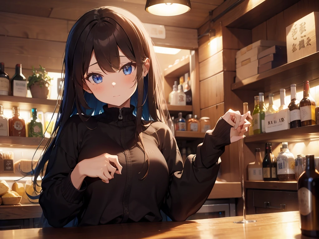 medium shot,1 middle-aged woman,long hair,brown hair,blue eyes,Dressed in a black suit,standing behind the bar,Bar owner,Beautiful lighting.,Put your hands on the counter.,detailed face,Detailed background