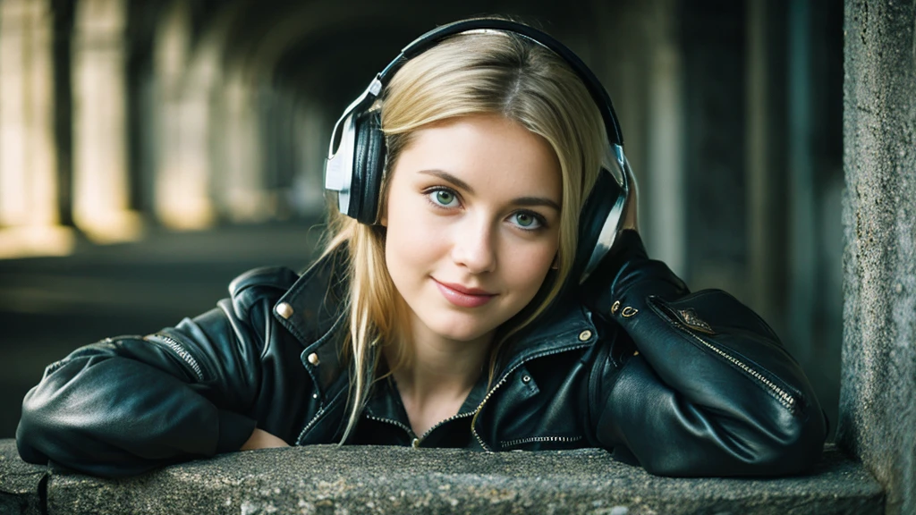 Beautiful blonde with big breasts in a biker jacket (Resting in the dark ruins),Wearing headphones,Very detailed, 21 years old, Innocent face, Naturally Wavy Hair, blue eyes, High resolution, masterpiece, Highest quality, Intricate details, Very detailed, Clear focus, Delicate skin, practical skin texture, texture, Delicate eyes, Professional, 4K, Cute Smile, Shot with Canon, 85mm, Shallow and deep, Kodak Vision Color, Exactly, Very detailed, photograph_\(Extremist\), photographpractical, practical, Post-processing, Maximum details, Roughness, Real Life, Extremist practical, Photorealism, photographgraphy, 8K Ultra HD, photographgraphy