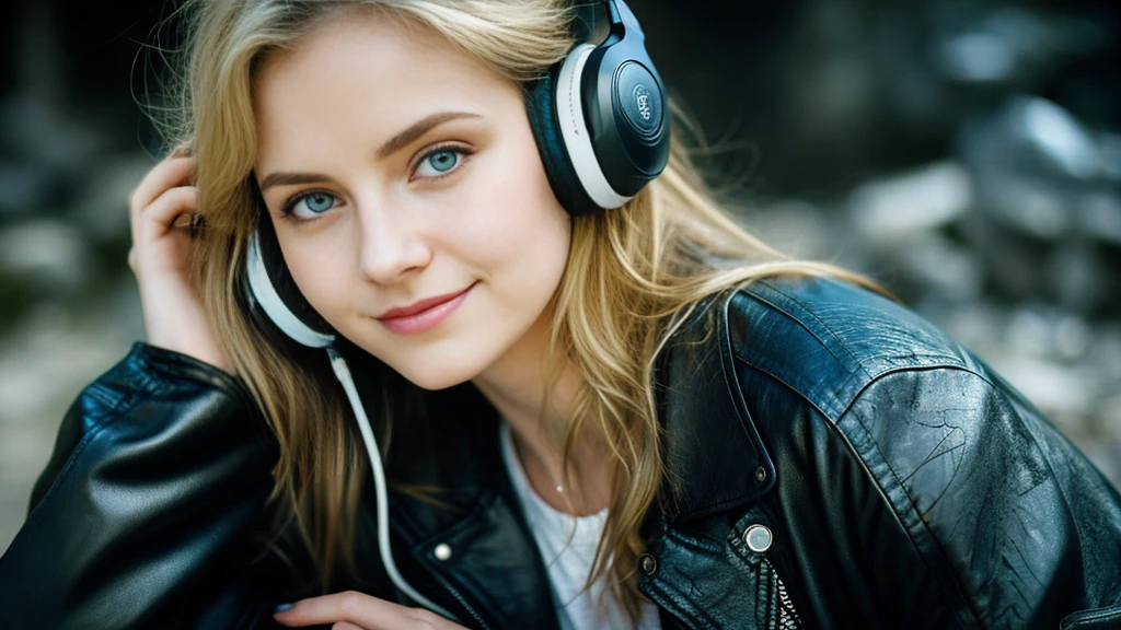 Beautiful blonde with big breasts in a biker jacket (Resting in the dark ruins),Wearing headphones,Very detailed, 21 years old, Innocent face, Naturally Wavy Hair, blue eyes, High resolution, masterpiece, Highest quality, Intricate details, Very detailed, Clear focus, Delicate skin, practical skin texture, texture, Delicate eyes, Professional, 4K, Cute Smile, Shot with Canon, 85mm, Shallow and deep, Kodak Vision Color, Exactly, Very detailed, photograph_\(Extremist\), photographpractical, practical, Post-processing, Maximum details, Roughness, Real Life, Extremist practical, Photorealism, photographgraphy, 8K Ultra HD, photographgraphy