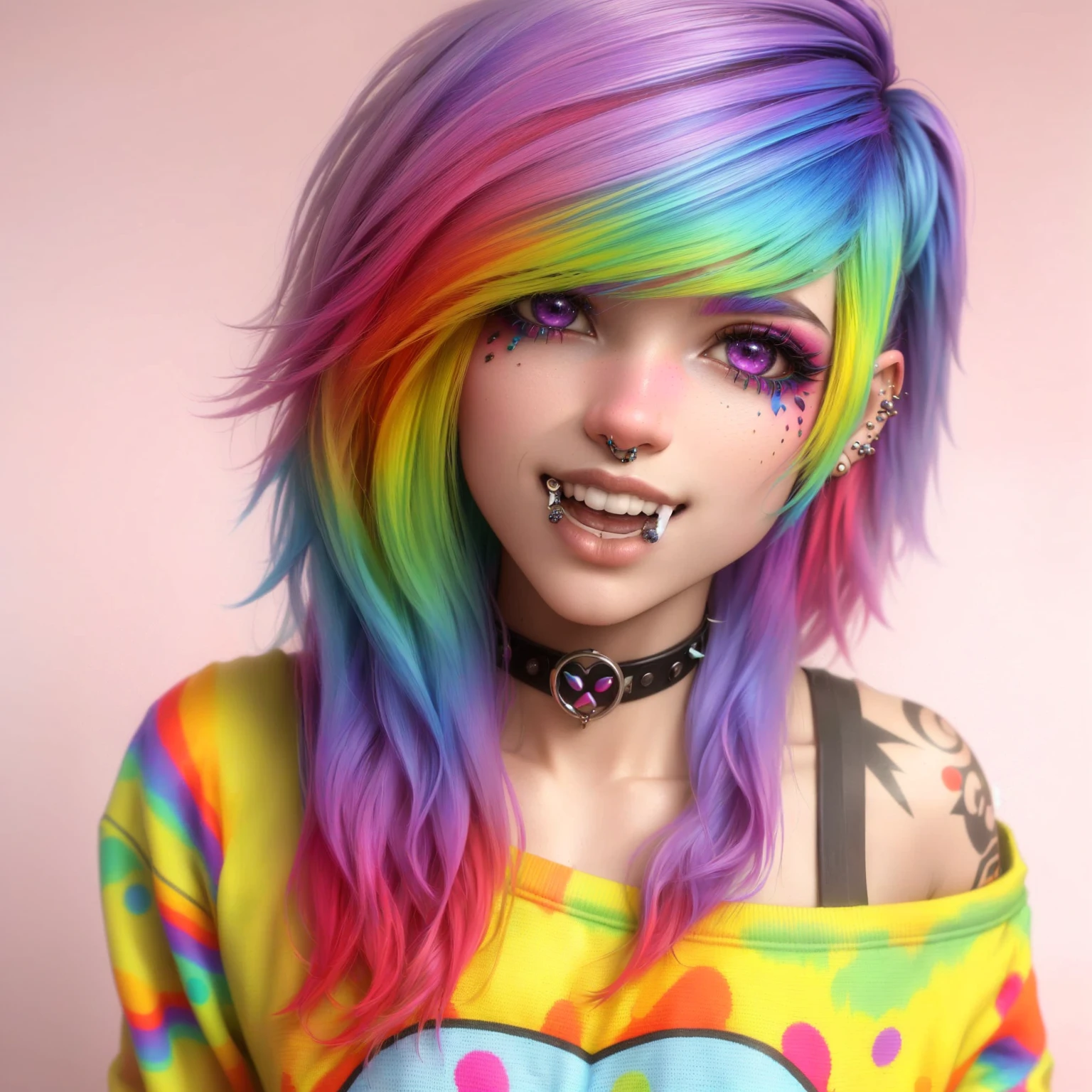 a close up of a person with colorfully hair and piercings, 3d epic abstract emo girl, colorfully, cute colorfully adorable, hyper colorfully, colorfully]”, Rainbow hair overlay, Colorful rainbow, Rainbow hair, cute clown, very colorfully, grungy woman with Rainbow hair, rainbow outfits, Colorful rainbow hair, cores vibrantes e realistas