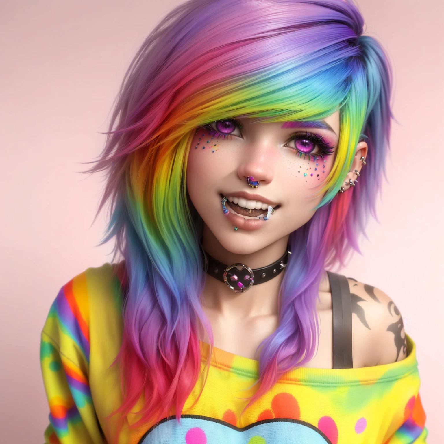 a close up of a person with colorfully hair and piercings, 3d epic abstract emo girl, colorfully, cute colorfully adorable, hyper colorfully, colorfully]”, Rainbow hair overlay, Colorful rainbow, Rainbow hair, cute clown, very colorfully, grungy woman with Rainbow hair, rainbow outfits, Colorful rainbow hair, cores vibrantes e realistas