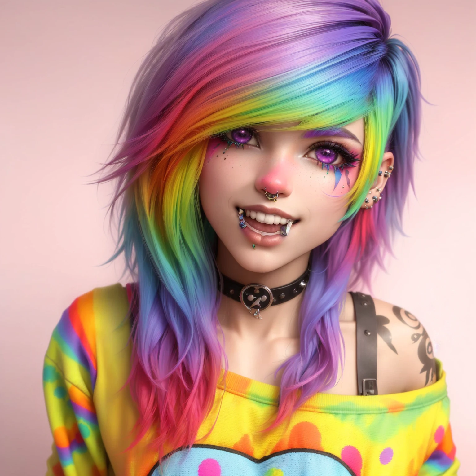 a close up of a person with colorfully hair and piercings, 3d epic abstract emo girl, colorfully, cute colorfully adorable, hyper colorfully, colorfully]”, Rainbow hair overlay, Colorful rainbow, Rainbow hair, cute clown, very colorfully, grungy woman with Rainbow hair, rainbow outfits, Colorful rainbow hair, cores vibrantes e realistas