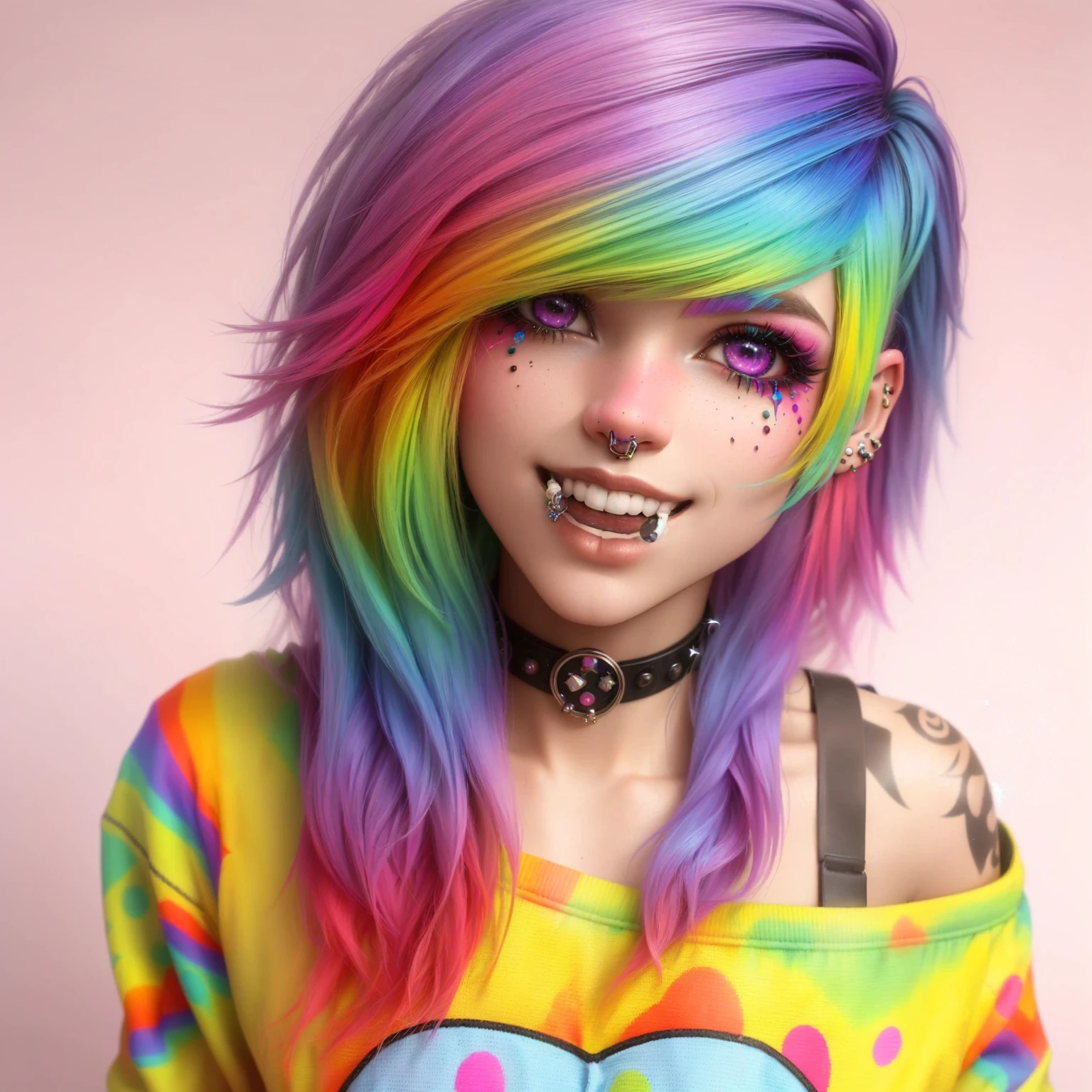a close up of a person with colorfully hair and piercings, 3d epic abstract emo girl, colorfully, cute colorfully adorable, hyper colorfully, colorfully]”, Rainbow hair overlay, Colorful rainbow, Rainbow hair, cute clown, very colorfully, grungy woman with Rainbow hair, rainbow outfits, Colorful rainbow hair, cores vibrantes e realistas